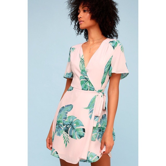 Lulus Dresses & Skirts - Lulu’s Pink Leaf Print Short Sleeve Wrap Dress